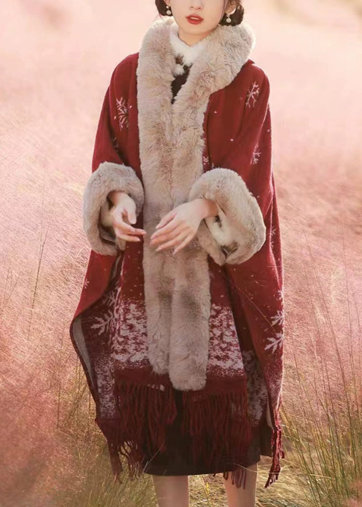 Italian Red Tassel Print Fur Collar Warm Fleece Cape Winter