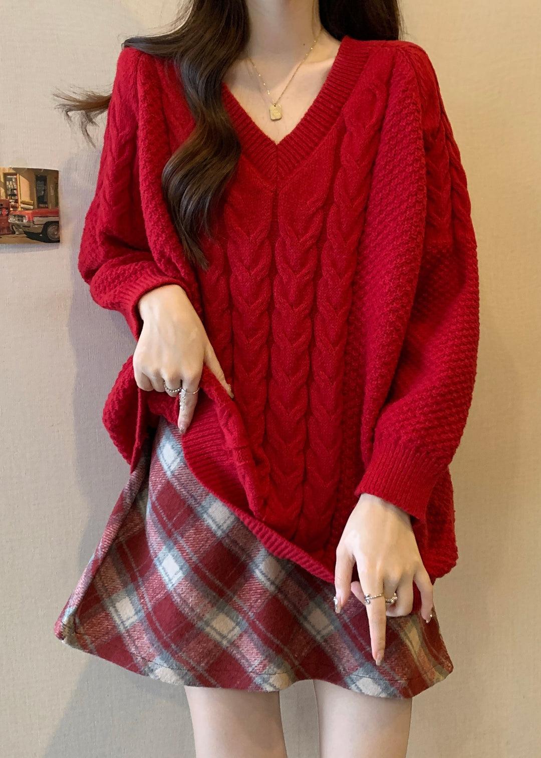 Italian Red V Neck Thick Cable Knit Sweaters Winter