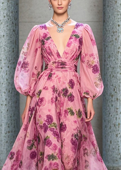 Italian Rose Cinched Print Chiffon Long Dresses Lantern Sleeve