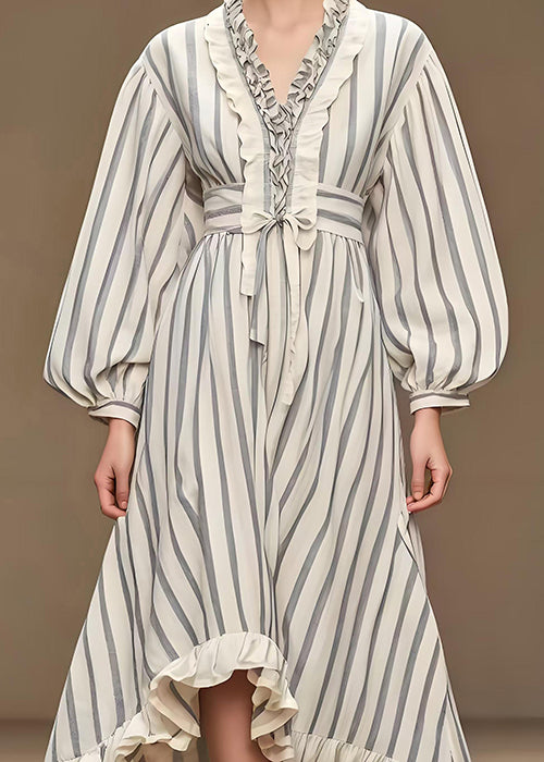 Italian White Cinched Striped Silk Velvet Long Dress Fall