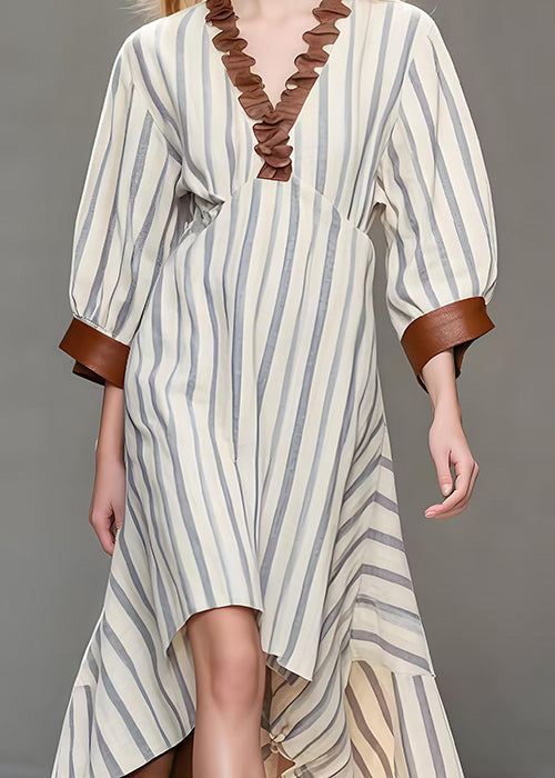 Italian White Ruffled Striped Silk Velvet Dress Spring