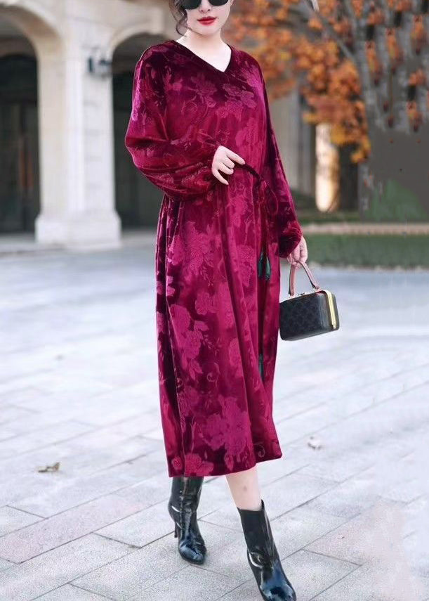 Italian Wine Red V Neck Tie Waist Silk Velvet Long Dresses Winter