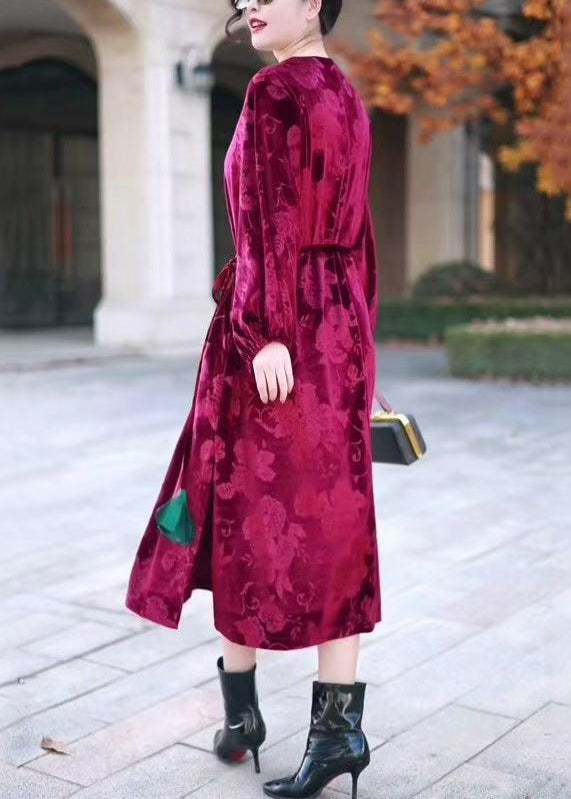 Italian Wine Red V Neck Tie Waist Silk Velvet Long Dresses Winter