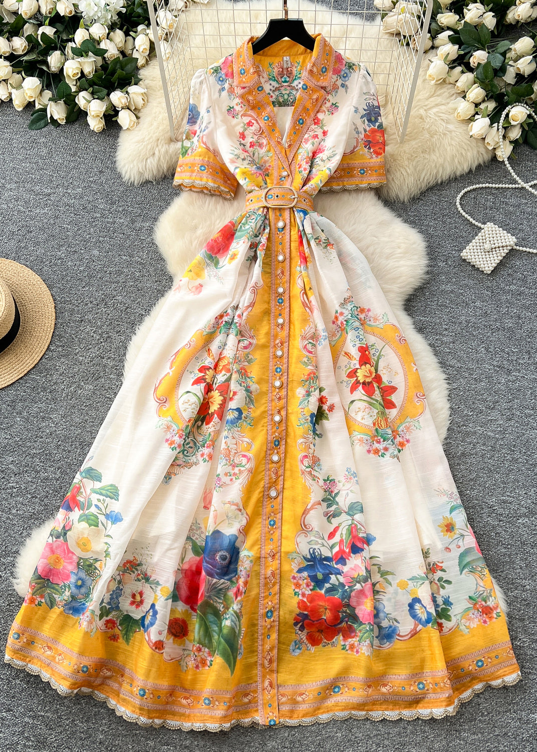 Italian Yellow Cinched Print Chiffon Long Dress Summer