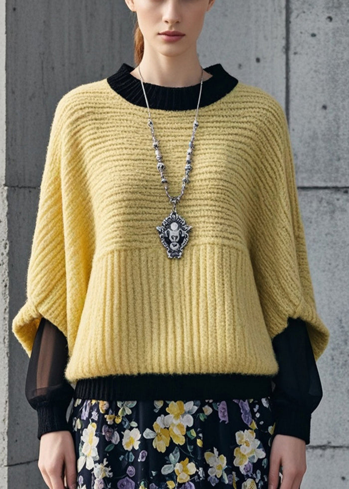 Italian Yellow Patchwork Tulle Fake Two Piece Sweater Tops Fall