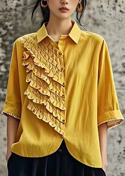 Italian Yellow Peter Pan Collar Ruffled Linen Shirt Half Sleeve