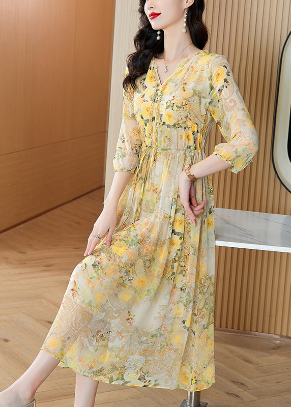 Italian Yellow V Neck Print Drawstring Silk Dresses Summer