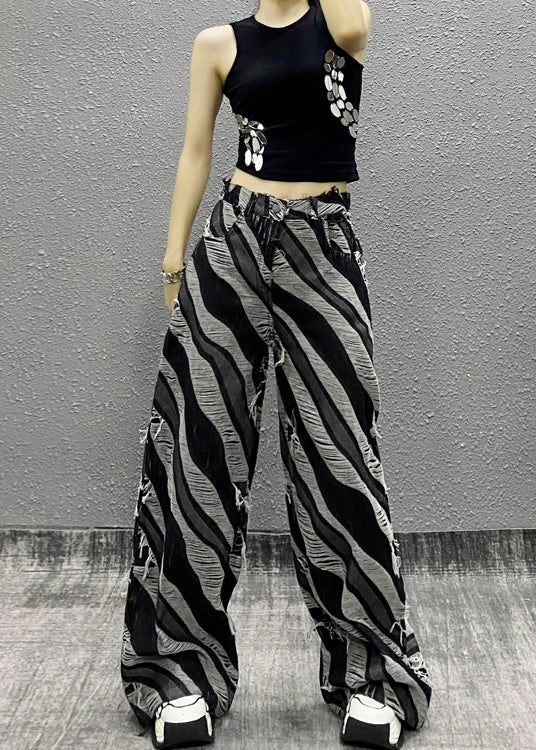 Italian Zebra Pattern Pockets Denim Wide Leg Pants Fall