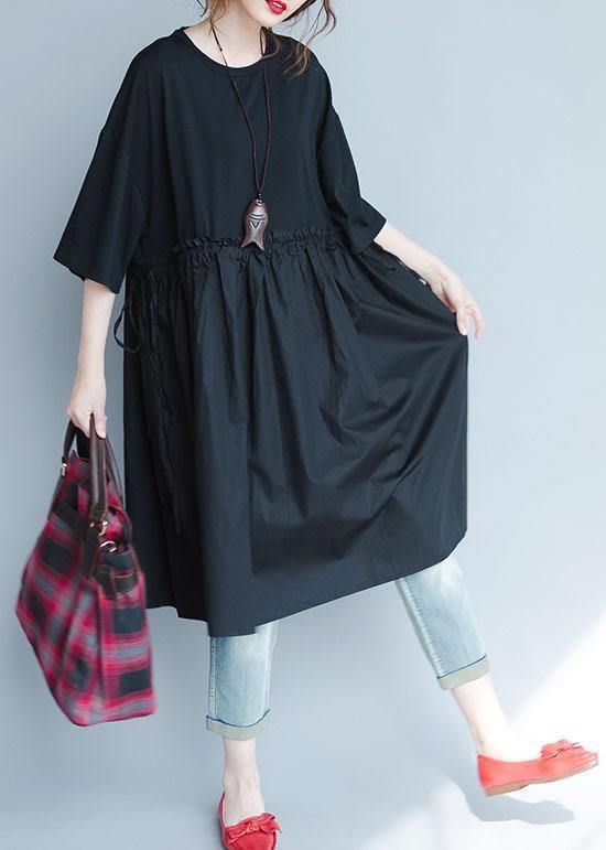 Italian Black Geometry Linen Quilting Dresses Ruffles Loose Summer Dress