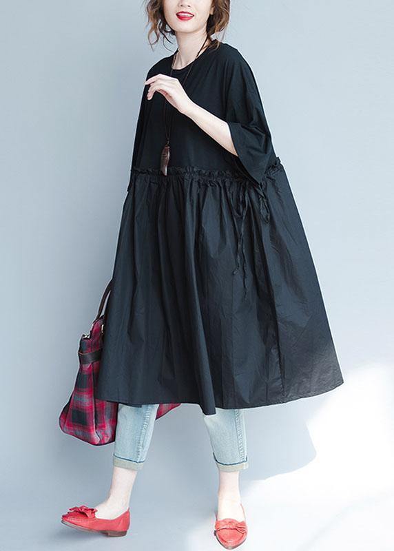 Italian Black Geometry Linen Quilting Dresses Ruffles Loose Summer Dress