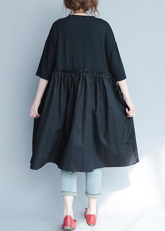 Italian Black Geometry Linen Quilting Dresses Ruffles Loose Summer Dress