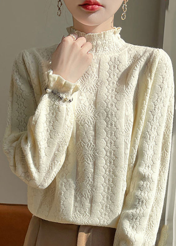 Jacquard Beige Turtleneck Cozy Solid Cotton Knitted Tops Winter