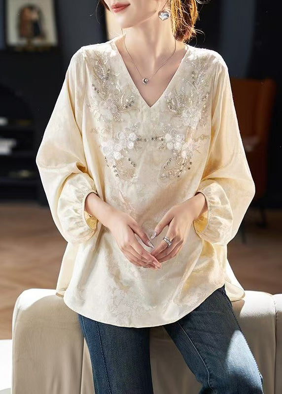 Jacquard Beige V Neck Zircon Chiffon Blouses Spring