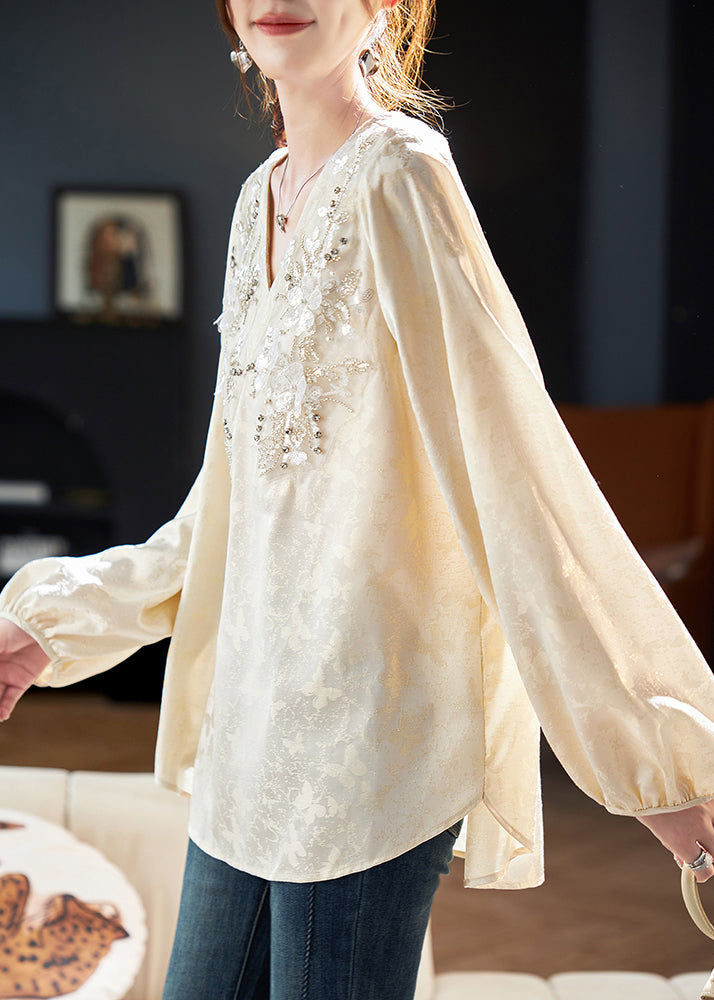 Jacquard Beige V Neck Zircon Chiffon Blouses Spring