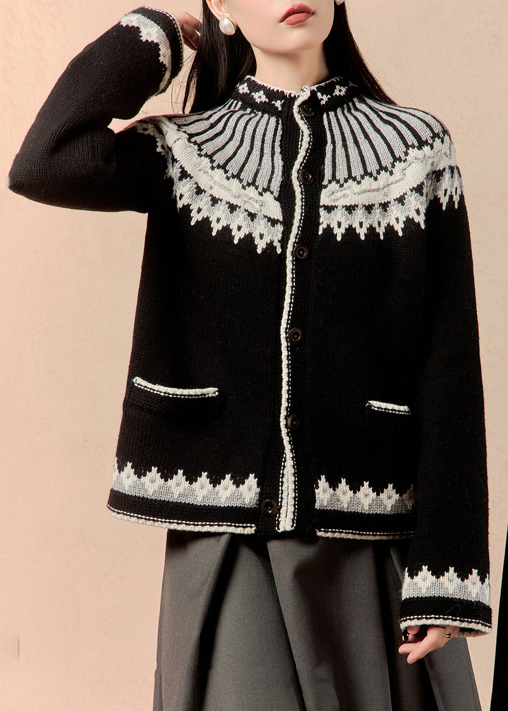 Jacquard Black Button Pockets Knit Coat Winter