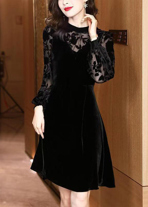 Jacquard Black High Waist Patchwork Silk Velvet Dresses Winter