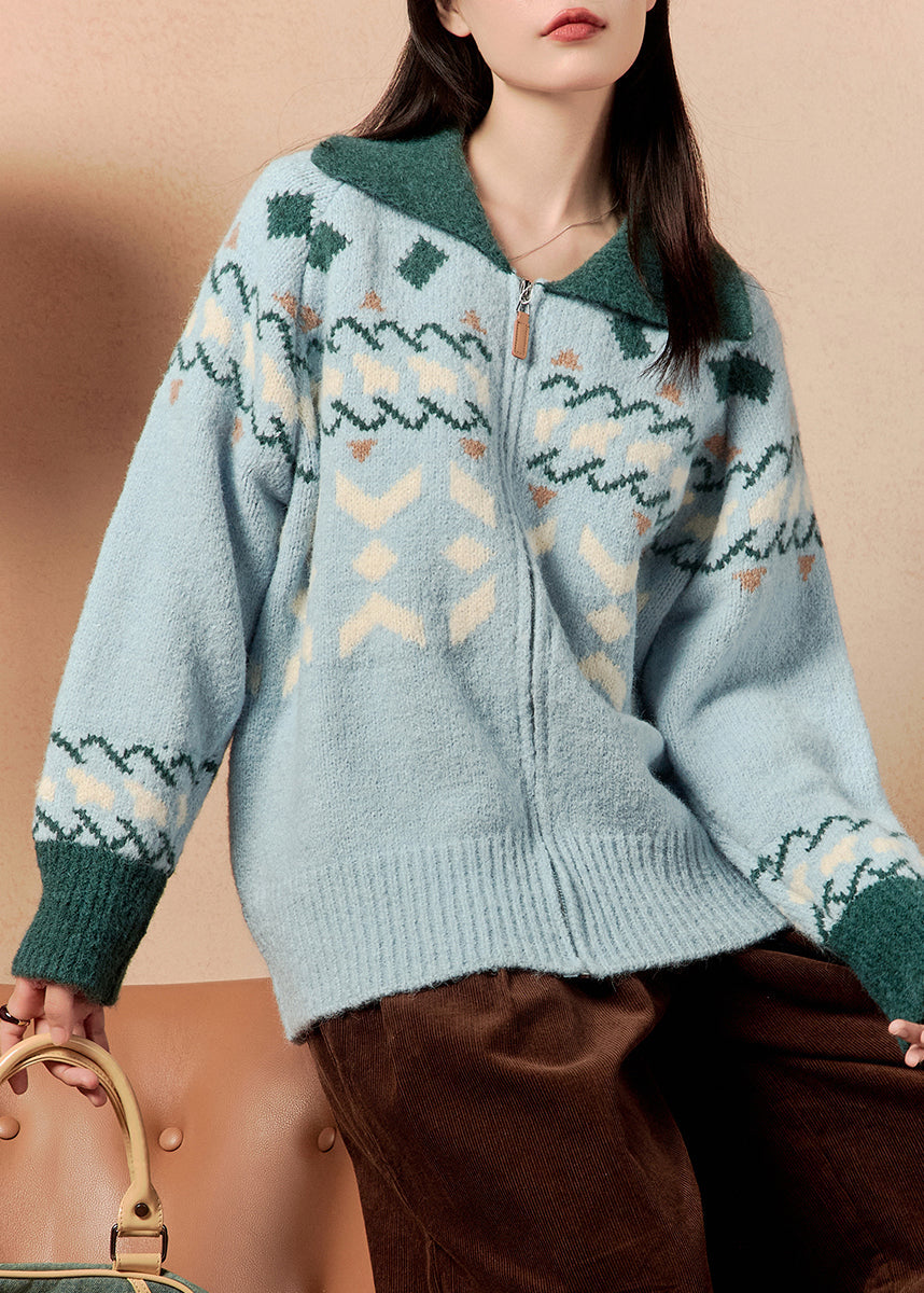 Jacquard Blue Zip Up Patchwork Knit Coats Winter