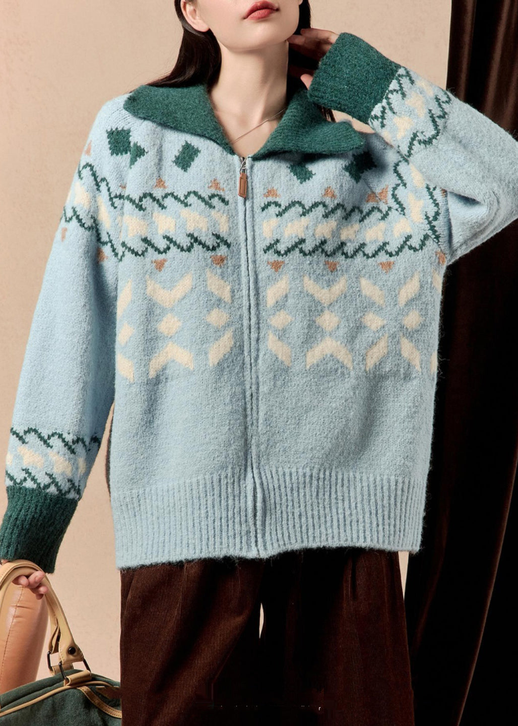 Jacquard Blue Zip Up Patchwork Knit Coats Winter