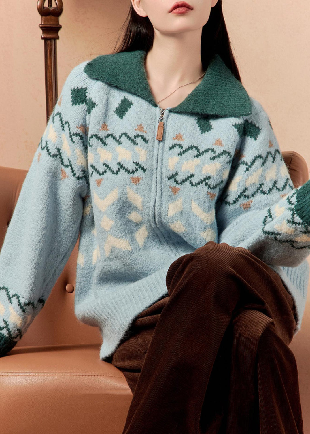 Jacquard Blue Zip Up Patchwork Knit Coats Winter