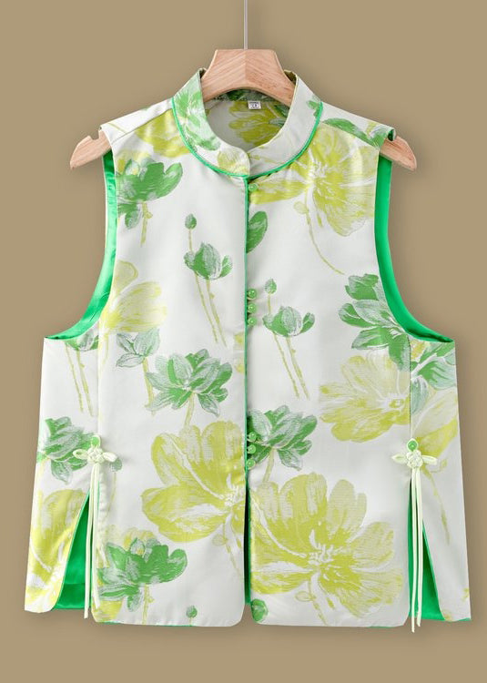 Jacquard Green Stand Collar Button Silk Waistcoat Sleeveless