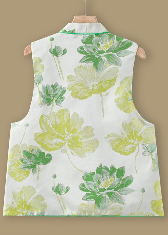 Jacquard Green Stand Collar Button Silk Waistcoat Sleeveless