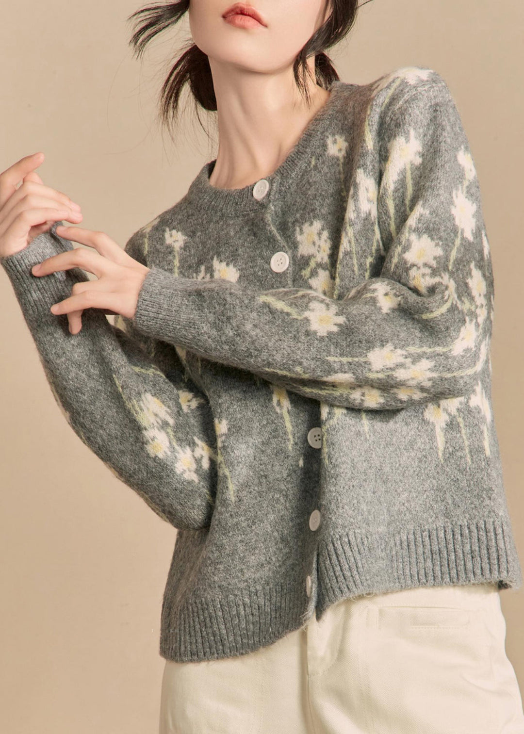 Jacquard Grey O Neck Button Knit Coat Winter