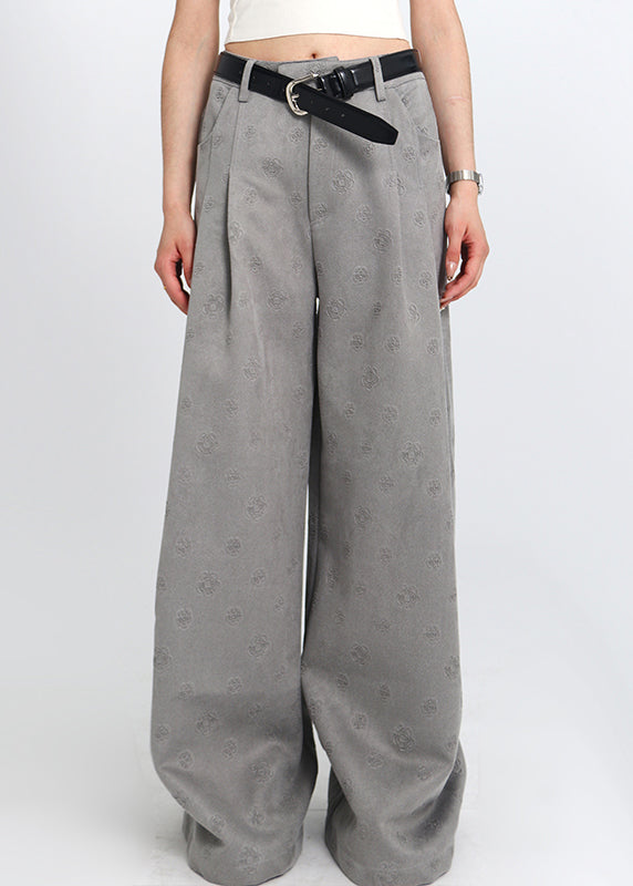 Jacquard Grey Pockets High Waist Cotton Wide Leg Pants Spring