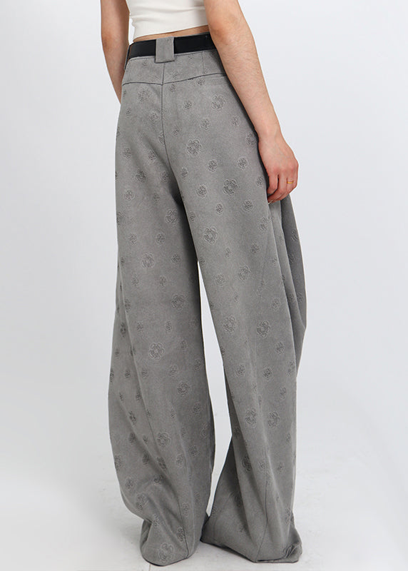 Jacquard Grey Pockets High Waist Cotton Wide Leg Pants Spring