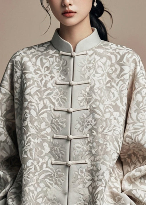 Jacquard Grey Stand Collar Button Silk Cotton Coat Fall