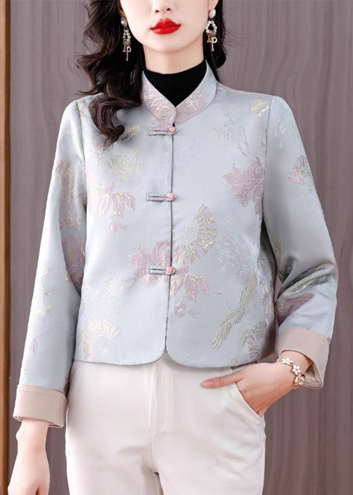 Jacquard Light Blue Stand Collar Button Cotton Coats Fall