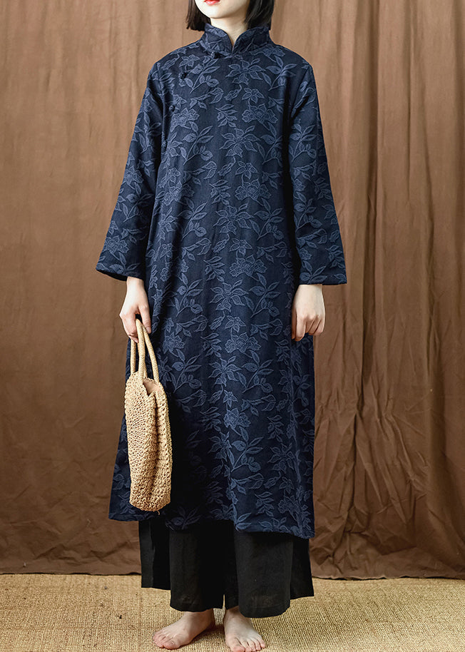 Jacquard Navy Button Pockets Cotton Dress Long Sleeve