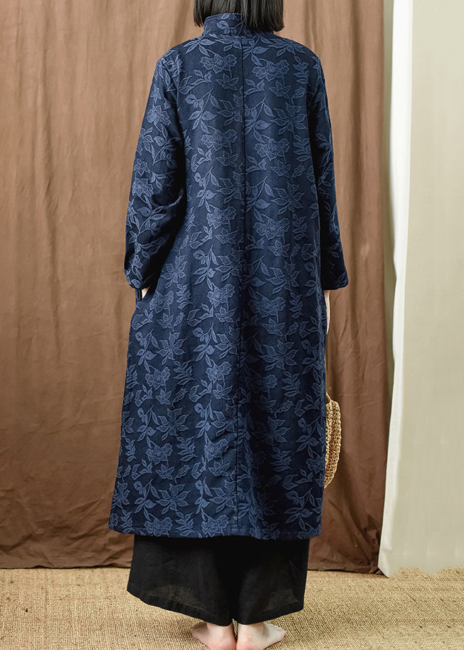 Jacquard Navy Button Pockets Cotton Dress Long Sleeve