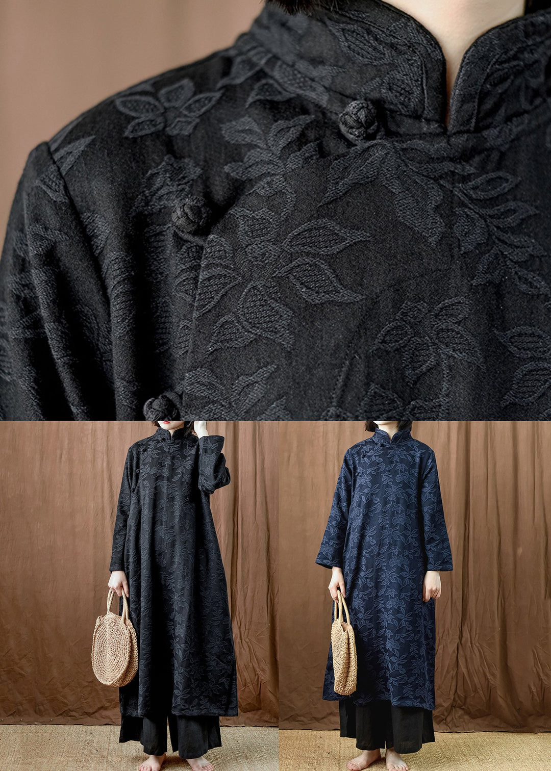 Jacquard Navy Button Pockets Cotton Dress Long Sleeve