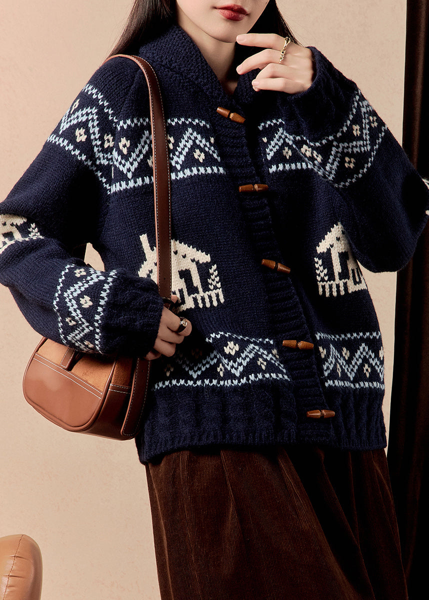 Jacquard Navy Hooded Button Knit Coats Winter