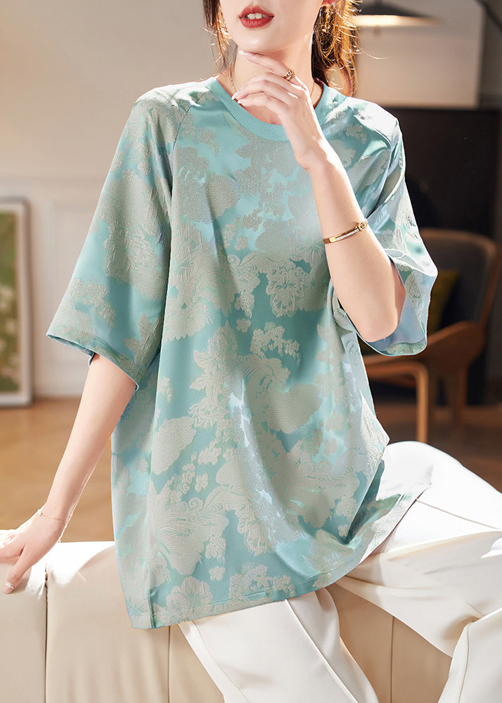 Jacquard Pink O-Neck Chiffon T Shirts Half Sleeve