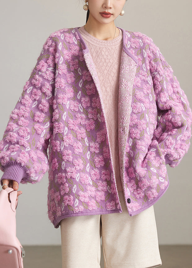 Jacquard Purple O Neck Button Knit Coats Spring