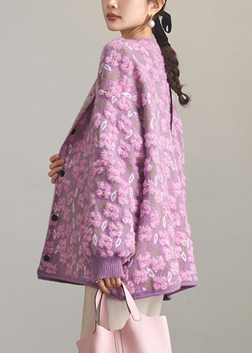 Jacquard Purple O Neck Button Knit Coats Spring