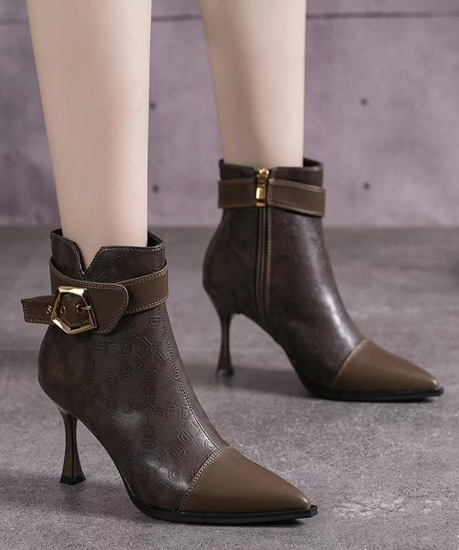 Khaki Boots High Heel Faux Leather Women Splicing