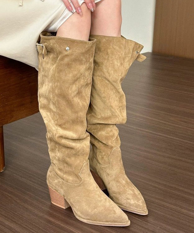 Khaki Chunky Suede Chic Splicing Boots Pointed Toe