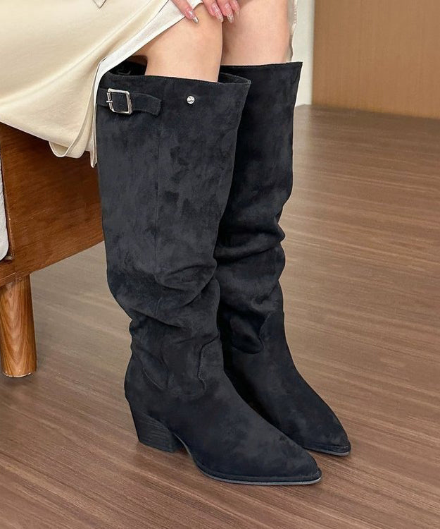 Khaki Chunky Suede Chic Splicing Boots Pointed Toe