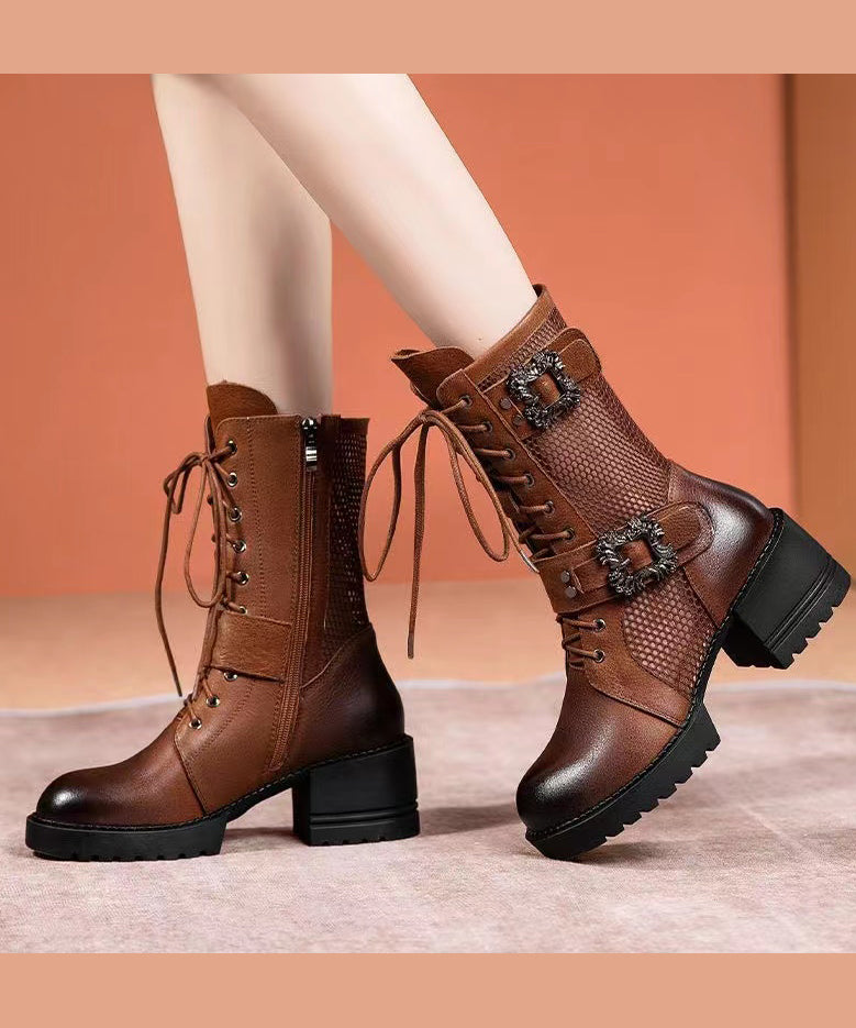 Khaki Cross Strap Splicing Chunky Hollow Out Boots