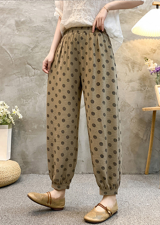 Khaki Dot Pockets Cotton Crop Pants Elastic Waist Summer