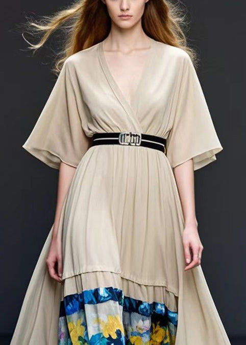 Khaki Patchwork Chiffon Long Dress V Neck Summer