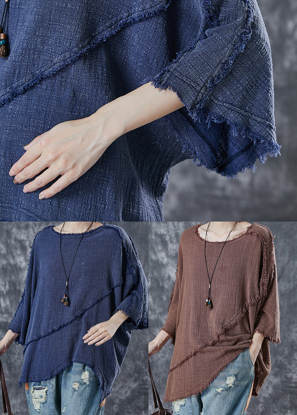 Khaki Patchwork Cotton Sweatshirt Top Asymmetrical Spring