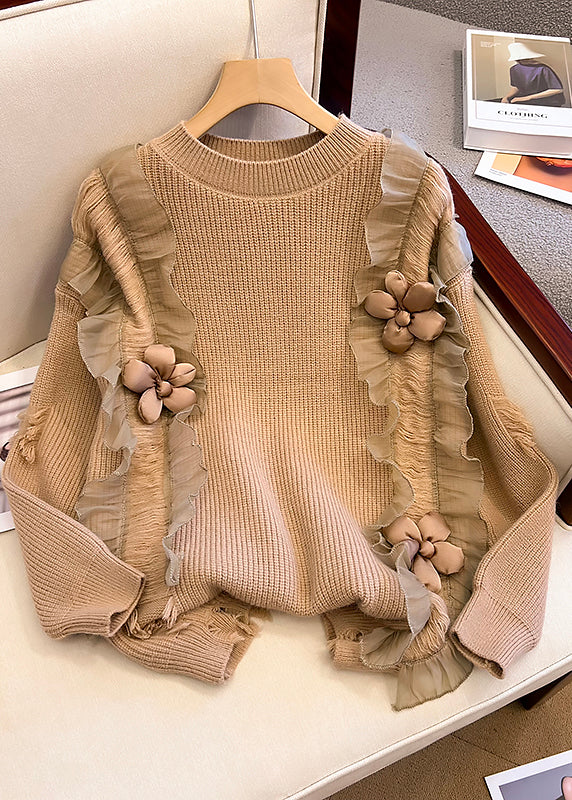 Khaki Patchwork Knit Short Sweater Three Dimensional Flowers Spring