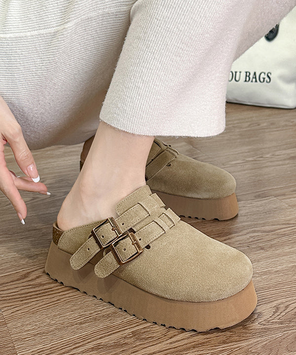 Khaki Platform Suede Handmade Splicing Slide Sandals