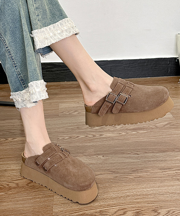 Khaki Platform Suede Handmade Splicing Slide Sandals