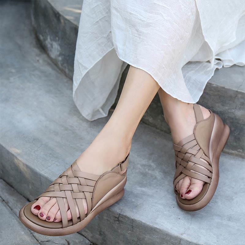 Khaki Sandals Wedge Cowhide Leather Plus Size Sandals