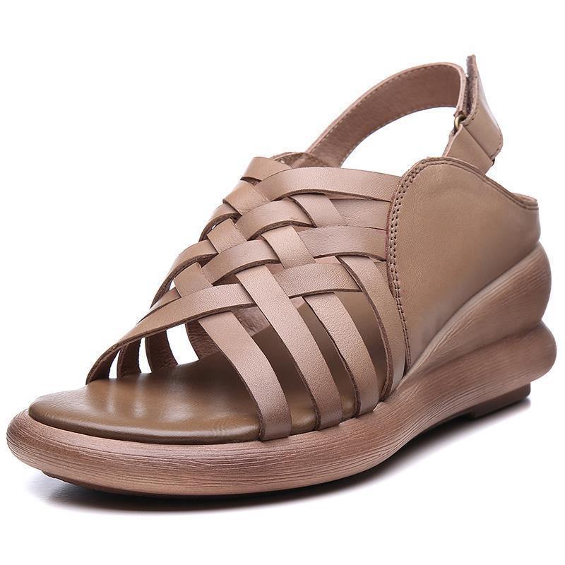 Khaki Sandals Wedge Cowhide Leather Plus Size Sandals