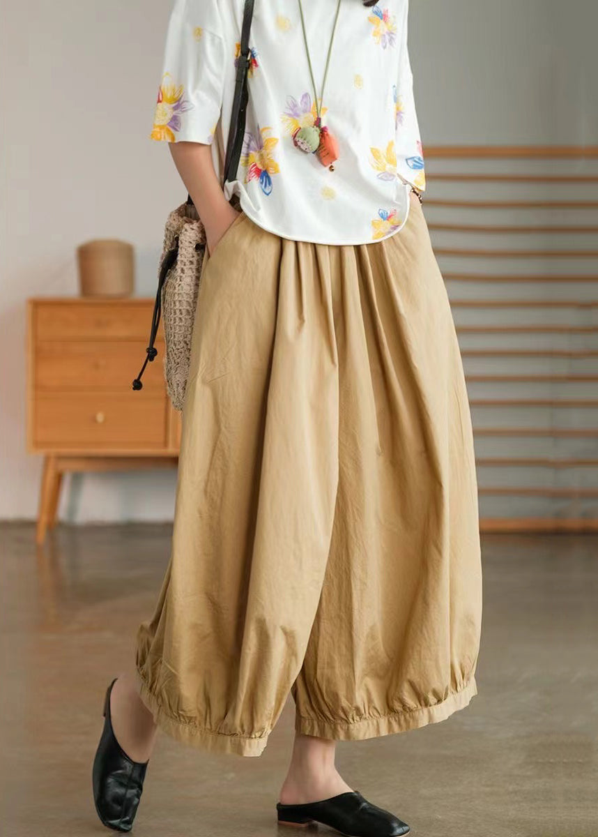 Khaki Solid Pockets Cotton Wide Leg Pants High Waist Summer